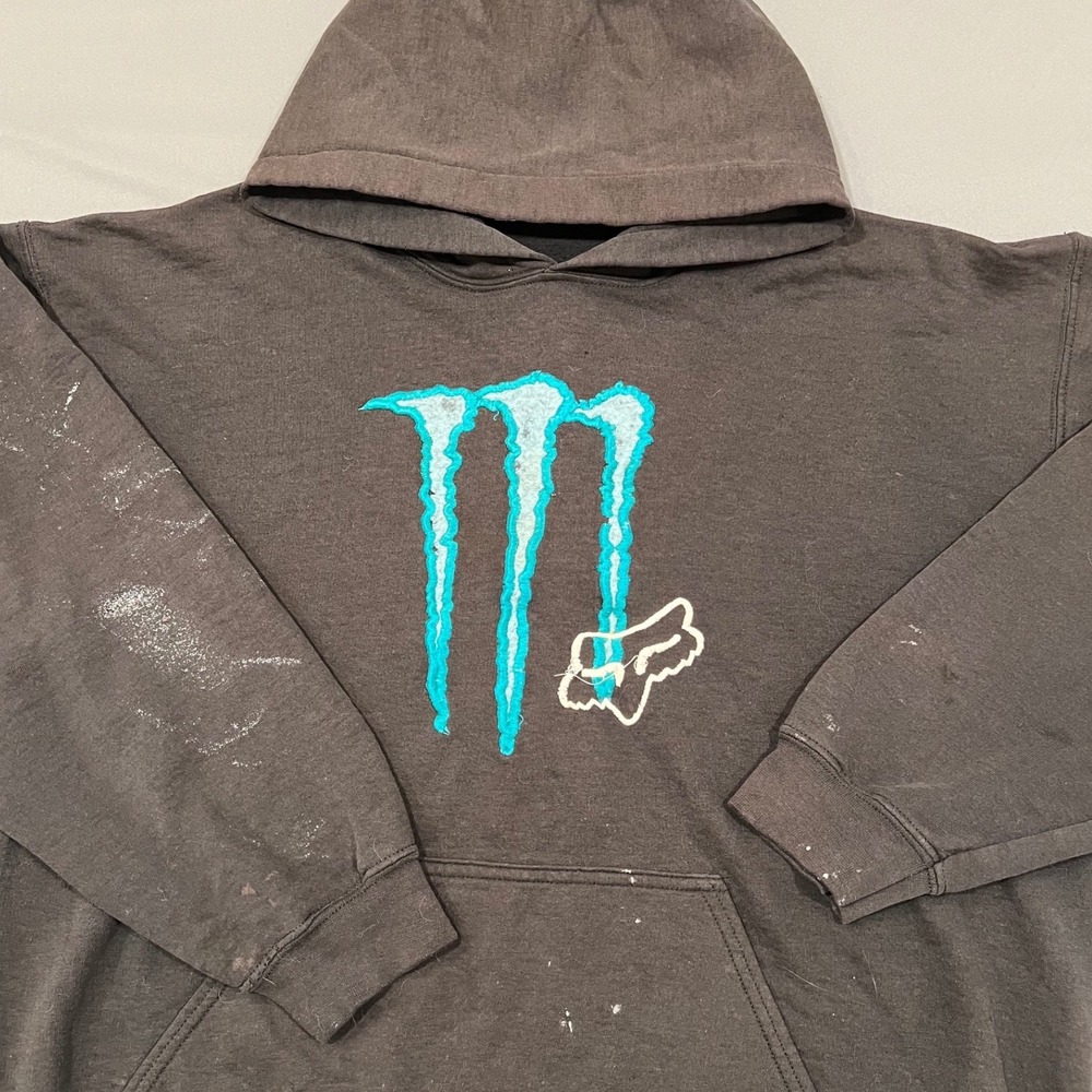 Fox Racing Monster Energy Hoodie Distressed Black Teal Graphic Mens Large L